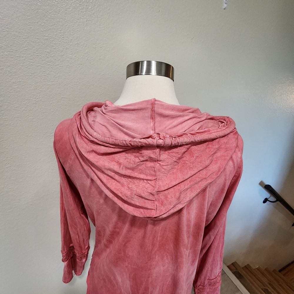 POL Lace Crochet Tunic Hoodie Lightweight Corded Drawstring Coral size Large - Picture 9 of 10